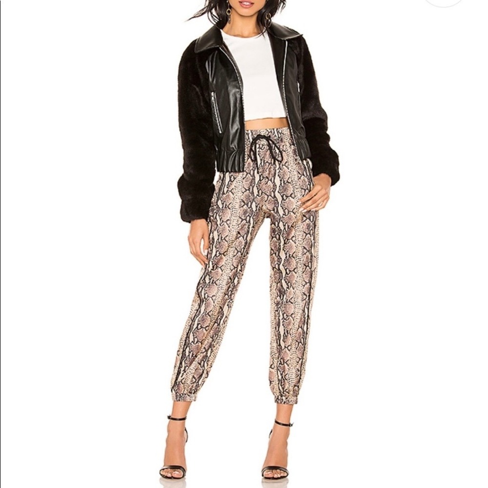 LPA Snake Print Nylon Joggers Brown Tan Python Elastic Waist Zipper Pants Large